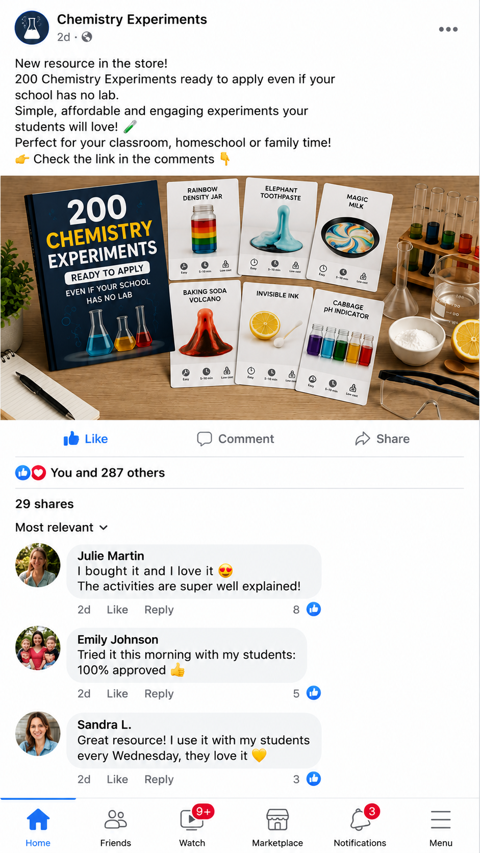 Facebook testimonial from teachers loving the chemistry experiments