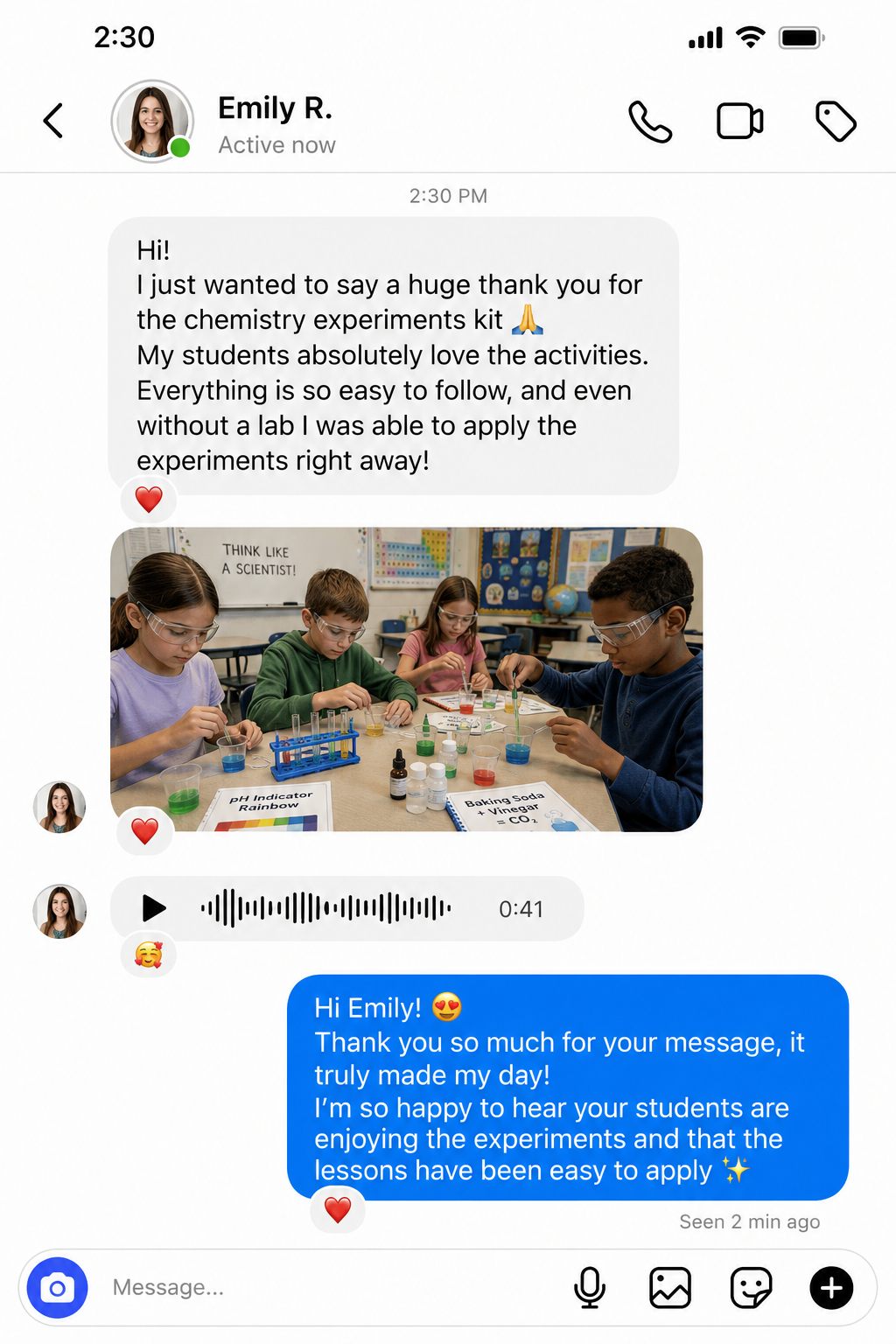 Messenger testimonial from a teacher using the experiments with students